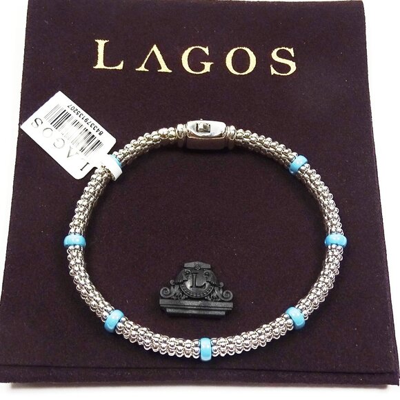 LAGOS Caviar Sterling Silver Ceramic Blue Stations Bangle Bracelet - Picture 12 of 12